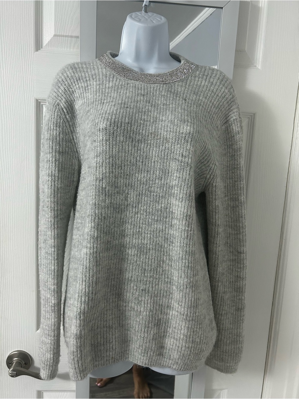 Primark Light Gray Ribbed Crewneck Sweater with Metallic Trim